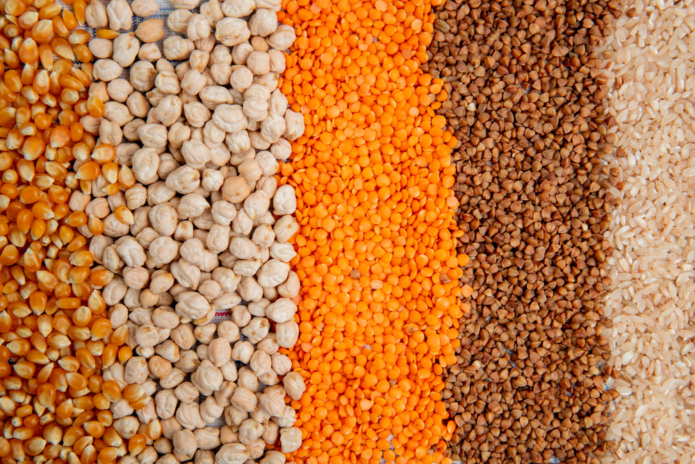 Background of different types of lentils, chickpeas and more