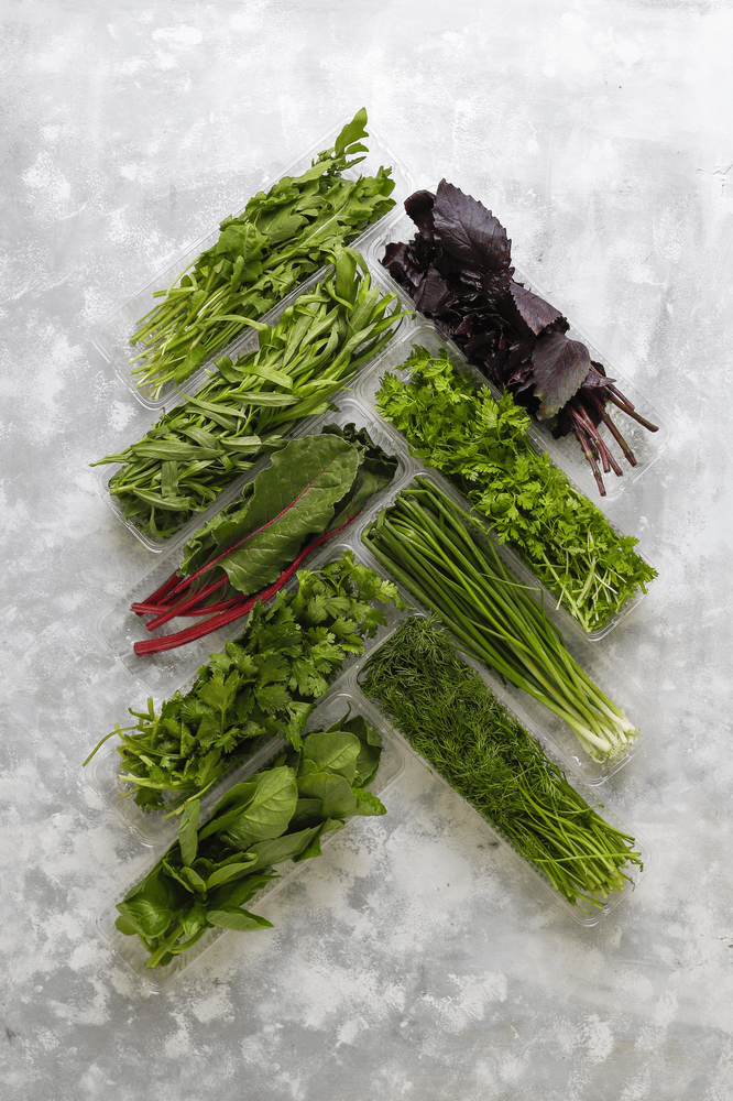 Fresh green leafy vegetables on grey concrete