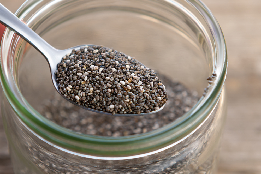 Close up of Nutritious chia seeds on a spoon